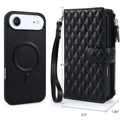for iPhone 17 AIR Case Wallet,Compatible with MagSafe 2 in 1 Magnetic Detachable PU Leather RFID Blocking Wallet Cover Card Holder Zipper Wrist Strap Lanyard,Quilted Black - color: Quilted Black, size: iPhone 17 AIR
