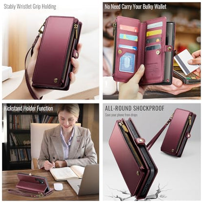 Defencase for Samsung Galaxy S23 Ultra Wallet Case with Card Holder, W-Red | Durable PU Leather, with RFID Blocking Zipper Pocket, Wrist Strap, S23 Ultra Flip Phone Cases Cover with Stand for Women Men - color: Fashion Purple Red