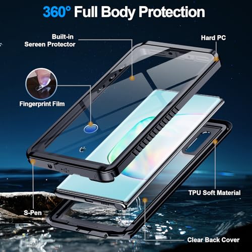 xiwxi for Samsung Galaxy Note 10 Plus Case Waterproof,[IPX8 Underwater Case][Full Body Shockproof & Military Dropproof] Built-in Screen Protector for Samsung Note 10 Plus 6.8 inch-Black - size: For Samsung Note 10 Plus-6.8"
