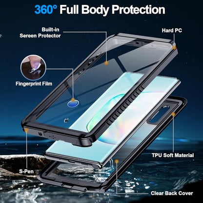 xiwxi for Samsung Galaxy Note 10 Plus Case Waterproof,[IPX8 Underwater Case][Full Body Shockproof & Military Dropproof] Built-in Screen Protector for Samsung Note 10 Plus 6.8 inch-Black - size: For Samsung Note 10 Plus-6.8"