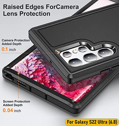 Case is Specially Designed for Galaxy S22 Ultra 6.8 Inch, Full Body Protection Heavy Duty Shock Absorbing 3 in 1 Silicone Rubber Built-in Stand with 1 Tempered Screen Protectors-Black - color: Black
