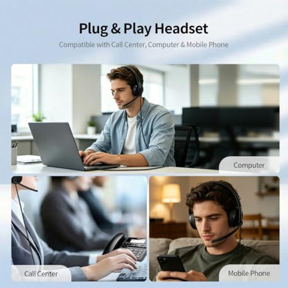 TOALLIN Wired Headset with Noise Canceling Mics, USB Stereo Headphones