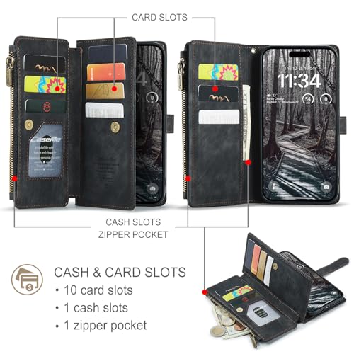Compatible with iPhone 17 Pro Wallet Case with Card Holder Kickstand Magnetic Zipper Pocket Lanyard Strap Wristlet,Leather Flip Case Wallet for iPhone 17 Pro 6.3 Inch (Black) - color: Black, size: iPhone 17 Pro 6.3 Inch