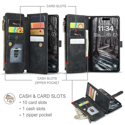 Compatible with iPhone 17 Pro Wallet Case with Card Holder Kickstand Magnetic Zipper Pocket Lanyard Strap Wristlet,Leather Flip Case Wallet for iPhone 17 Pro 6.3 Inch (Black) - color: Black, size: iPhone 17 Pro 6.3 Inch