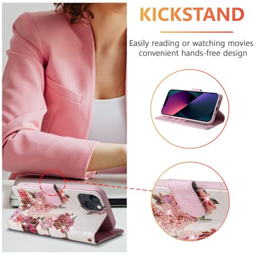 UEEBAI Wallet Case for iPhone 13, PU Leather Phone Cover Kickstand RFID Blocking Flip Case Card Slots Wrist Strap Relief Engraved Pattern Magnetic Closure Flower Folio Wallet, White Flower - color: White Flower, size: iPhone 13