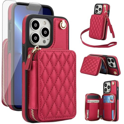 Phone Case for iPhone 14 Pro 6.1 inch Wallet Cell Cover with Tempered Glass Screen Protector Wrist Crossbody Strap RFID Blocking Card Holder TPU iPhone14Pro 5G i i-Phone i14 iPhone14 4 14Pro Women Red - color: Red