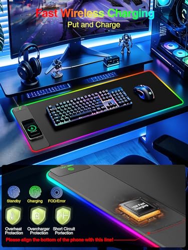 Wireless Charging Mouse Pad Gaming, 31.5"x15.8" Large Desk Mat, Waterproof - color: RGB-31.5"x15.8"