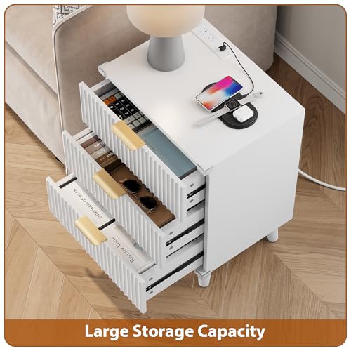 Lulive Wood Bedside Table w/Charging Station, 3 Drawers Fluted Dresser - color: White, size: 3 Drawers-Set of 1 Nightstand