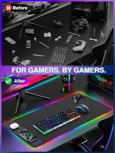 Magnetic Charging Mouse Pad 31.5x15.75, 15W Fast Wireless Charging Desk Mat, XXL Desk Pad RGB Gaming Mousepad, Home Office Large Keyboard Pad with Ultra-Smooth Surface, Non-Slip Base - color: 31.5x15.75"Magnetic RGB-Black with PD Charger