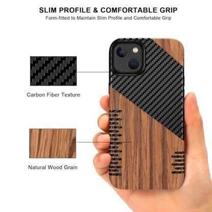 TENDLIN Compatible with iPhone 14 Plus Case Wood Grain with Carbon Fiber Texture Design Leather Hybrid Slim Case (Twill) - color: Twill, size: iPhone 14 Plus