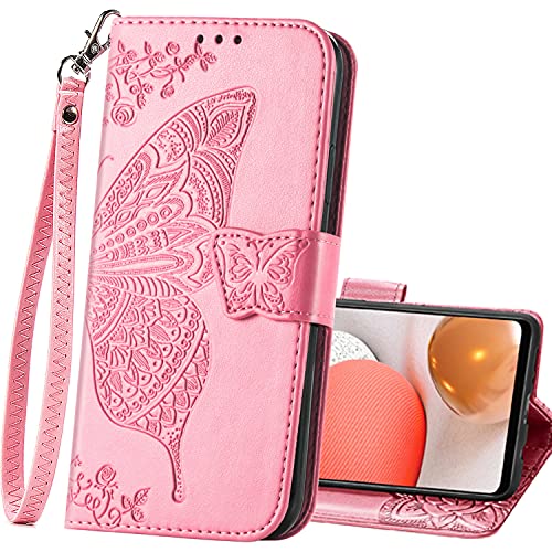 Wallet Case for Samsung Galaxy A03s with Card Holder Pink | PU Leather Flip Phone Cover,Wrist Strap,Woman Man Purse,Emboss Butterfly Flower,Stand,Shockproof TPU Shell, Magnetic Closure - color: B Pink