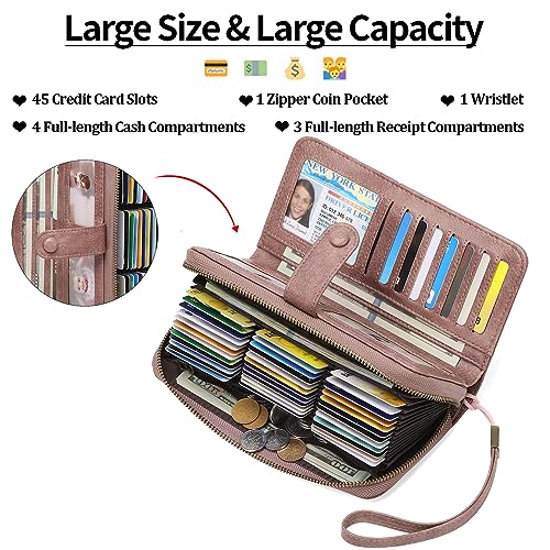 GAEKEAO Leather Credit Card Holder Wallet for Women RFID Blocking Large Capacity Bifold Zipper Card Case Organizer with Wristlet 45 Slots - color: Pink