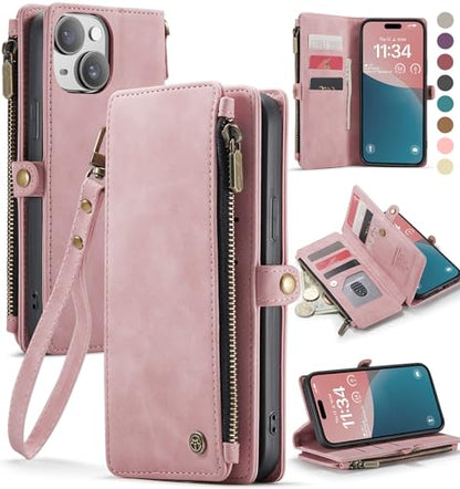 Defencase for iPhone 14 Plus Wallet Case with RFID Card Holder, Rose Pink | Durable Soft PU Leather, with Zipper Pocket, Wrist Strap, Fashion Snap Flip Phone Cases Cover with Stand for Women and Men - color: Rose Pink