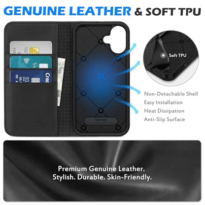 SHIELDON Genuine Leather Wallet Case for iPhone 16 Plus 6.7" 2024, Black | Magnetic Closure, RFID Blocking, Credit Card Holder, Kickstand, Folio Design, Shockproof TPU Phone Cover - color: Black