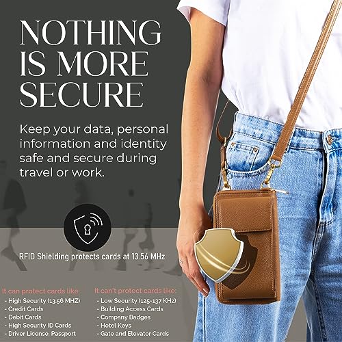 BULL GUARD Crossbody Bag for Women, Leather Phone Wallet Purse with Adjustable Anti Theft Strap & RFID Blocking 12 Card Slots - color: Golden Brown Latte Bliss - Small
