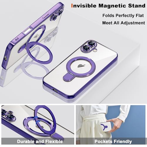 Plating Clear Phone Case for iPhone 17 with Stand 6.3", Purple | Plating Glossy Case for iPhone 17 Phone Case,Magnetic Ring Stand,Compatible with Mag-Safe,Full Camera Protector,TPU