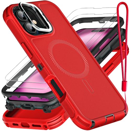 YKHJKLEC for iPhone 16 Plus Case, Military Grade 3 in 1 Heavy Duty Shockproof/Drop Proof/Dust Proof with Kickstand Case, with 2 x Tempered Glass Screen Protector & 1 x Wrist Strap (ZJ-Red/Black) - color: ZJ-Red/Black