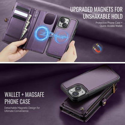 Defencase for iPhone 14 Plus Case Wallet Compatible with Magsafe, Purple | Drop-Proof Magnetic Detachable Phone Cases Cover, with RFID Bolcking Card Holder, Zipper Strap, PU Leather, Removable Wallet - color: (Detachable with Magsafe)-Purple