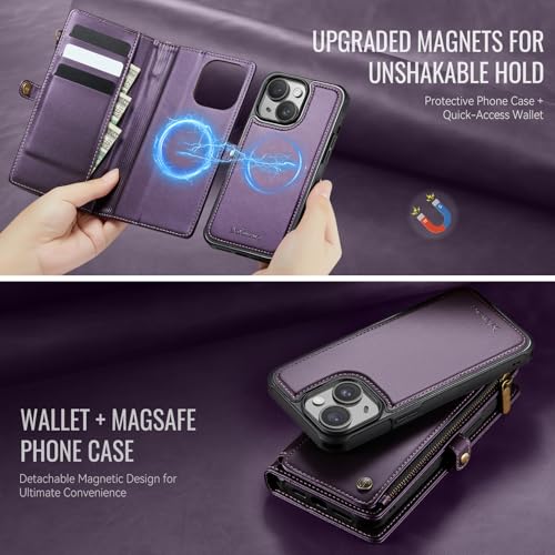 Defencase for iPhone 13 Phone Case Wallet Compatible with Magsafe, Purple | Magnetic Detachable, Drop-Proof Protective Wallet Cases Cover, with RFID Bolcking Card Holder, Zipper Strap, Soft PU Leather - color: (Detachable with Magsafe)-Purple