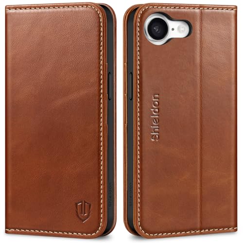 SHIELDON Genuine Leather Wallet Case for iPhone 17e/16e 6.1", Retro Brown | Magnetic Closure, RFID Blocking, Credit Card Holder, Viewing Stand, Folio Design, Shockproof Protective Cover - color: Retro Brown