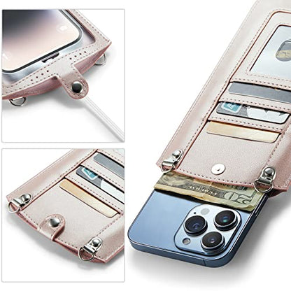 Small Crossbody Bag Cell Phone Purse for Women Men Leather Mini Shoulder Bag Wallet Case with Card Holder Slot Necklace Lanyard for All phones iPhone Samsung Google up to 7.3" Rose Gold - color: Rose Gold