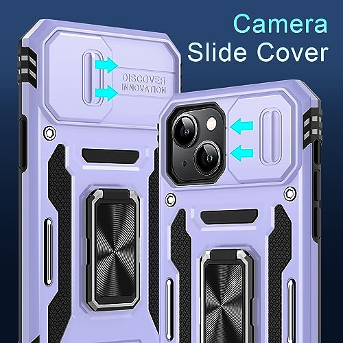 DEERLAMN Case for iPhone 13/iPhone 14 6.1-Inch with Slide Camera Cover+Screen Protector(2 Packs),Rotated Ring Kickstand Military Grade Shockproof Protective Cover-Light Purple - color: Light Purple