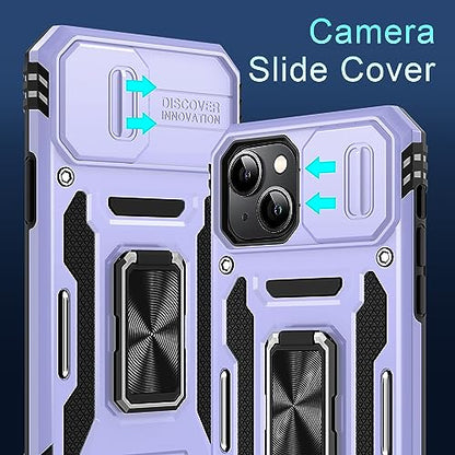 DEERLAMN Case for iPhone 13/iPhone 14 6.1-Inch with Slide Camera Cover+Screen Protector(2 Packs),Rotated Ring Kickstand Military Grade Shockproof Protective Cover-Light Purple - color: Light Purple