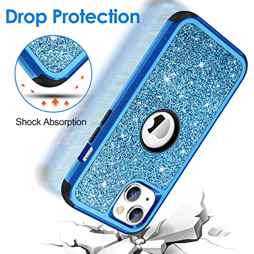 Hython Case for iPhone 13 Case Glitter, Cute Sparkly Shiny Bling Sparkle Cover, Heavy Duty 3 in 1 Hybrid Hard PC Soft TPU Bumper Full Body Shockproof Protective Phone Cases for Women Girls, Blue - color: Blue