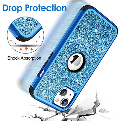 Hython Case for iPhone 13 Case Glitter, Cute Sparkly Shiny Bling Sparkle Cover, Heavy Duty 3 in 1 Hybrid Hard PC Soft TPU Bumper Full Body Shockproof Protective Phone Cases for Women Girls, Blue - color: Blue