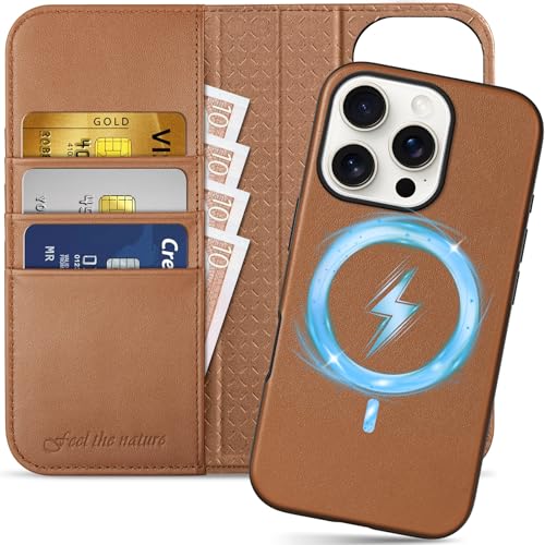 SHIELDON Detachable Leather Case Wallet for iPhone 16 Pro, Saddle Brown | Genuine Leather, Wireless Charging, Kickstand, Magnetic Closure, RFID Blocking, Credit Card Slot, Folio Shockproof Cover - color: Saddle Brown, size: for iPhone 16 Pro