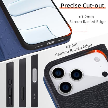 VISOUL Pebbled Leather Wallet Case for iPhone 17 Pro Max 6.9" 2025, Genuine Leather Flip Folio Cover with RFID Blocking Card Holders, Kickstand, Soft TPU Protective Flip Cover -Black+Blue - color: Black+Blue