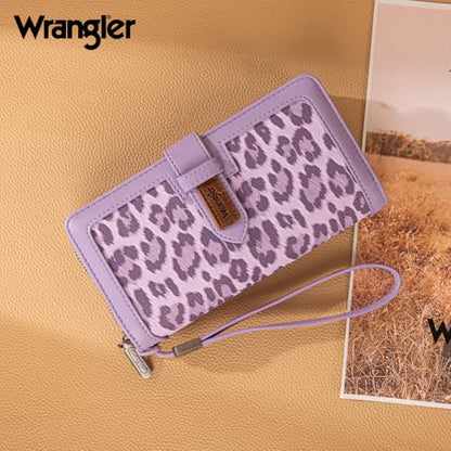 X Wrangler Women's Wallets Bifold Wristlet Wallets for Women Large Capacity Credit Card Wallet with ID Window - color: Leopard Purple