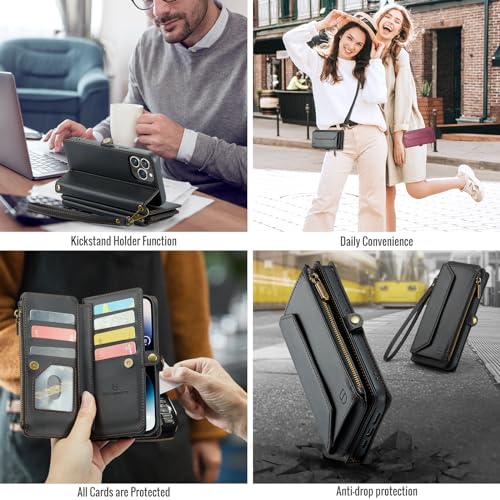 Strapurs Wallet Case Compatible with iPhone 14 Pro Max RFID Blocking 10-Card Holder Soft PU Leather Magnetic Snap Shoulder Strap Zipper Pocket Phone Case Fit for iPhone 14 Pro Max - Black | RFID Blocking 10-Card Holder, Shoulder Lanyard, Wirst Strap, Zipp