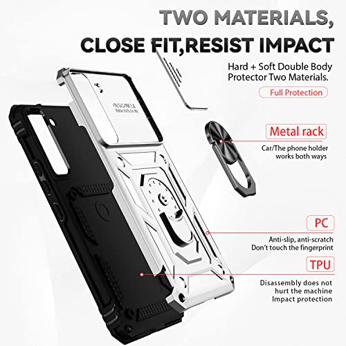 for Samsung Galaxy S22 Case with Camera Lens Cover HD Screen Protector, Dual Layer Military-Grade Drop Tested Magnetic Ring Holder Kickstand Protective Phone Case for Samsung Galaxy S22 5G (Silver) - color: Silver with camera cover Military-Grade 2nd gen