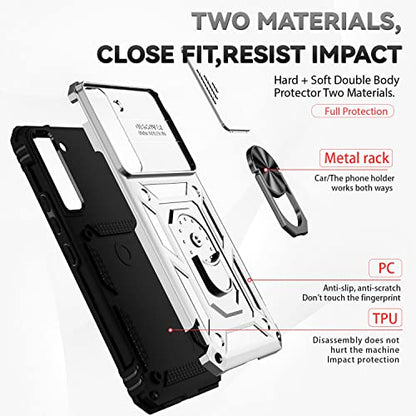 for Samsung Galaxy S22 Case with Camera Lens Cover HD Screen Protector, Dual Layer Military-Grade Drop Tested Magnetic Ring Holder Kickstand Protective Phone Case for Samsung Galaxy S22 5G (Silver) - color: Silver with camera cover Military-Grade 2nd gen