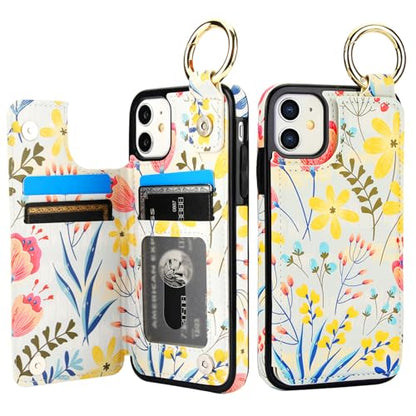 HAOPINSH for iPhone 11 Wallet Case with Card Holder, Floral Flower Print Back Flip Folio PU Leather Kickstand Card Slots Case, Finger Grip Ring Double Magnetic Clasp Shockproof 6.1" - color: Floral Flower Grip Ring