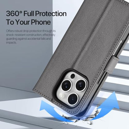 for iPhone 16 Pro Wallet Case, iPhone 16 Pro Case Wallet Gray | Compatible with Magsafe, RFID Blocking, Zipper Card Holder, PU Leather Flip Folio Case, Strap Wallet Case, Phone Kickstand - color: Gray, size: iPhone 16 Pro