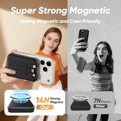 Power Bank 10000mAh Compatible with MagSafe, Magnetic Portable Charger with Digital Display, 15W Wireless Fast Charging, Built-in 3 Cables Compatible with iPhone 17/16/15/14/13/12 Series (White) - color: White