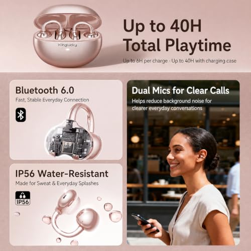 Kinglucky Upgraded Clip-On Earbuds, Open Ear Wireless Earbuds Bluetooth 6.0 - color: Rose Gold