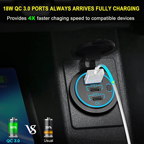 USB C Car Charger Socket – 58W Lengthened RV USB Outlet 12V Socket Dual 20W PD3.0 USB-C and 18W QC3.0 Car USB Port with Button Power Switch for Boat Marine Motorcycle