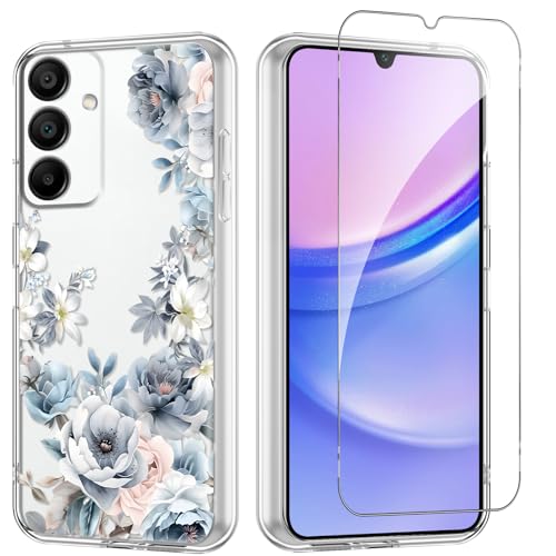 Flower Phone Case Floral for Samsung Galaxy A15 5G 6,5'' with Screen Protector, Clear Transparent Phone Cover Slim Soft Shockproof Anti-Scratch Drop Protection Funda for Girls Women, 05 - color: Flower 05, size: Samsung Galaxy A15 5G