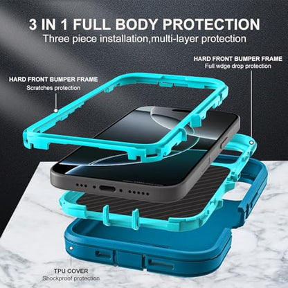 YKHJKLEC for iPhone 16 Pro Case, Military Grade 3 in 1 Heavy Duty Shockproof/Drop Proof/Dust Proof Case with 2Pcs Tempered Glass Screen Protector (Blue/Turquoise) - color: Blue/Turquoise