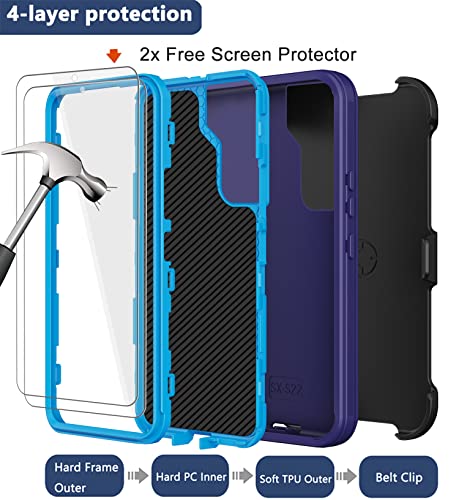 for Samsung Galaxy S22 Plus Case with Belt Clip Holster, 2X Screen Protector, [Military Grade Protection] Heavy Duty Full Body Shockproof Rugged Protective Cover for Samsung S22 Plus 5G Blue - color: Blue