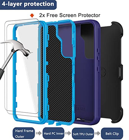 for Samsung Galaxy S22 Plus Case with Belt Clip Holster, 2X Screen Protector, [Military Grade Protection] Heavy Duty Full Body Shockproof Rugged Protective Cover for Samsung S22 Plus 5G Blue - color: Blue