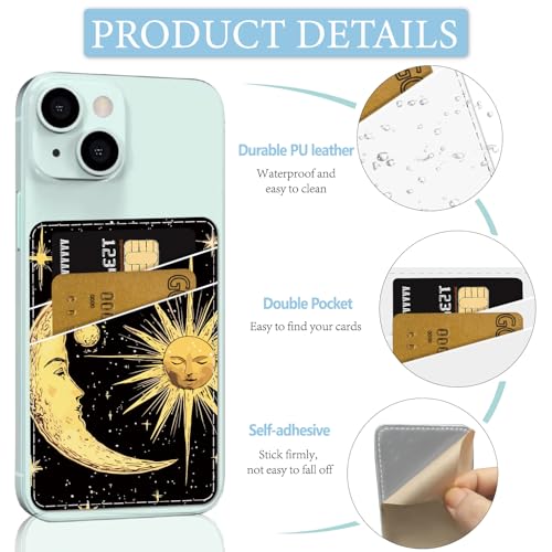 CREATCABIN Sun Phone Card Holder Leather Cell Phone Wallet Stick on Adhesive Credit Card Holder Slim Double Pocket Sticker for Back of Phone Case Compatible with Most Phones 3.7 x 2.5 Inch - style: Sun