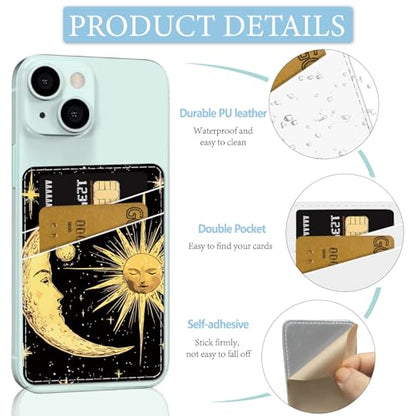 CREATCABIN Sun Phone Card Holder Leather Cell Phone Wallet Stick on Adhesive Credit Card Holder Slim Double Pocket Sticker for Back of Phone Case Compatible with Most Phones 3.7 x 2.5 Inch - style: Sun
