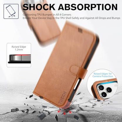 TUCCH Case Wallet for iPhone 17 Pro 6.3", RFID Blocking Folio, Light Brown | 4 Card Holders, Kickstand, PU Leather, Magnetic Closure, Shockproof TPU Shell, Protective Flip Cover - color: Textured Light Brown