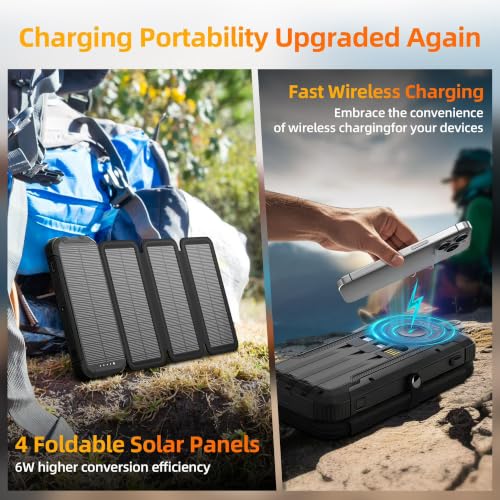 Solar Charger Power Bank Built-in 3 Cables and 4 Solar Panels, Portable Wireless Charger 10,000mAh, External Battery Pack with USB-C in/Output & Flashlight for Outdoor Camping - color: Black