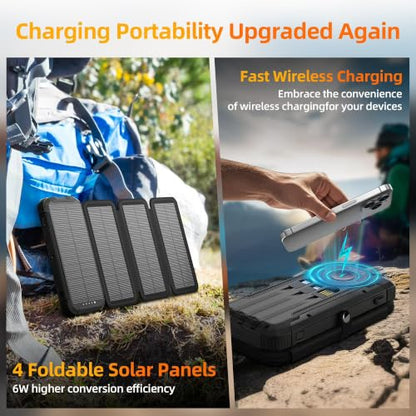 Solar Charger Power Bank Built-in 3 Cables and 4 Solar Panels, Portable Wireless Charger 10,000mAh, External Battery Pack with USB-C in/Output & Flashlight for Outdoor Camping - color: Black