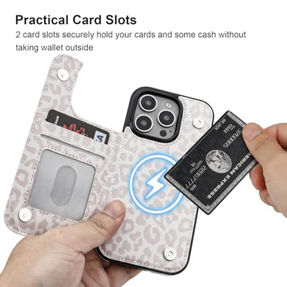 HAOPINSH for iPhone 16 Pro Case Wallet Compatible with MagSafe Wireless Charging, White Leopard Cheetah Pattern Back Flip Folio Leather Kickstand Card Slots Case Double Magnetic Clasp Cover 6.3" - color: White Leopard for MagSafe